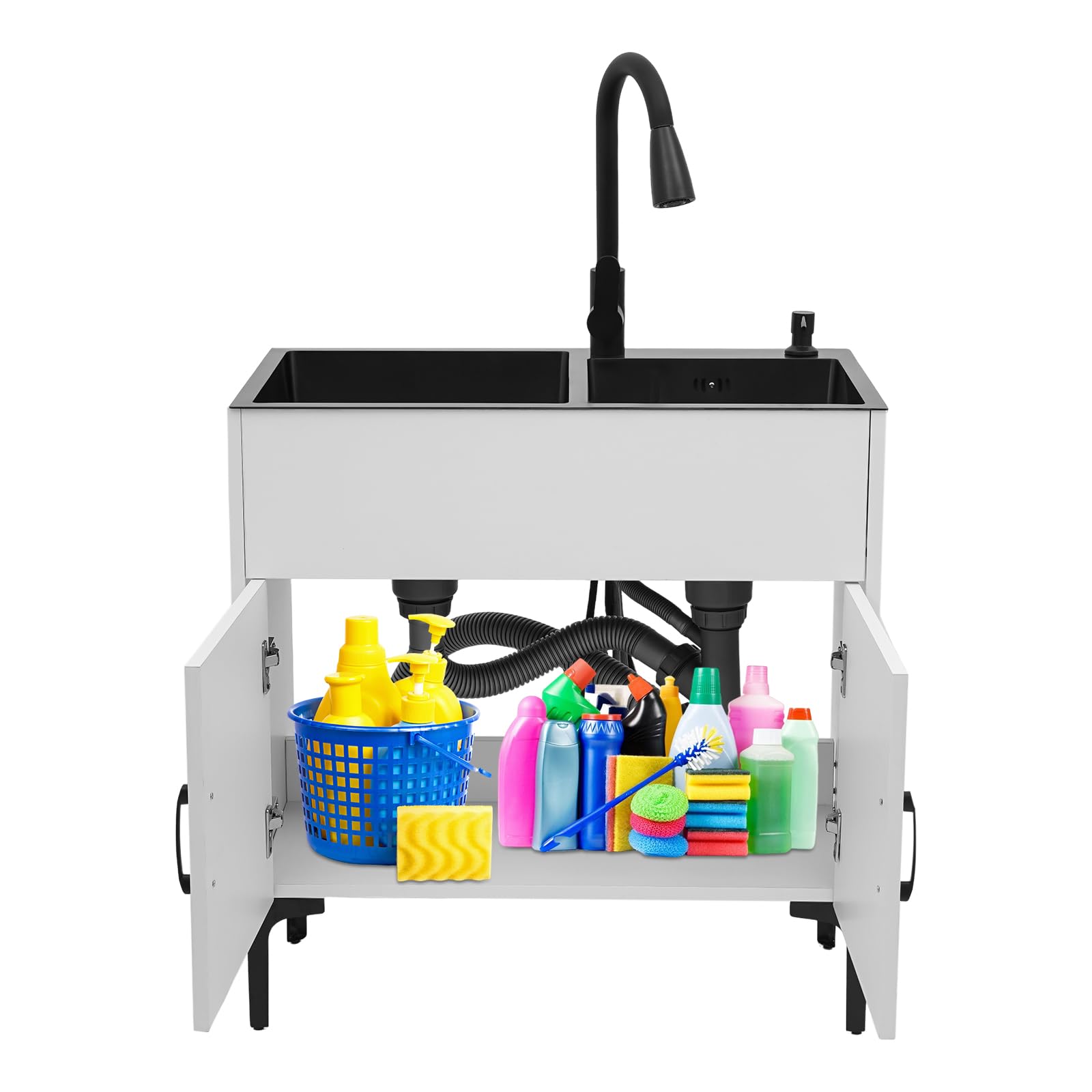 CRYBY Sink with Cabinet, Utility Kitchen Sink Laundry Sink Cabinet with Pull-Out Faucet and Drainage Basket, Freestanding Bathroom Storage Cabinet for