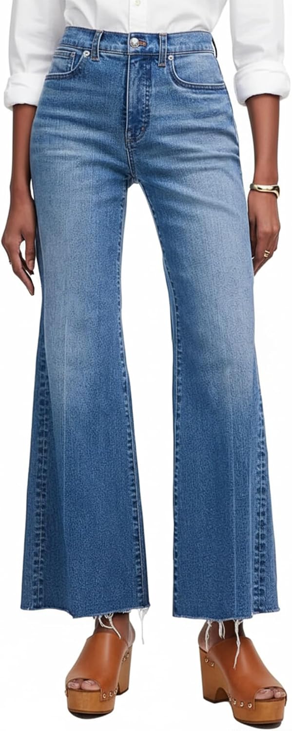 Women's High Waisted Flare Jeans Stretchy Raw Hem Bootcut Denim Pants Bell Bottoms