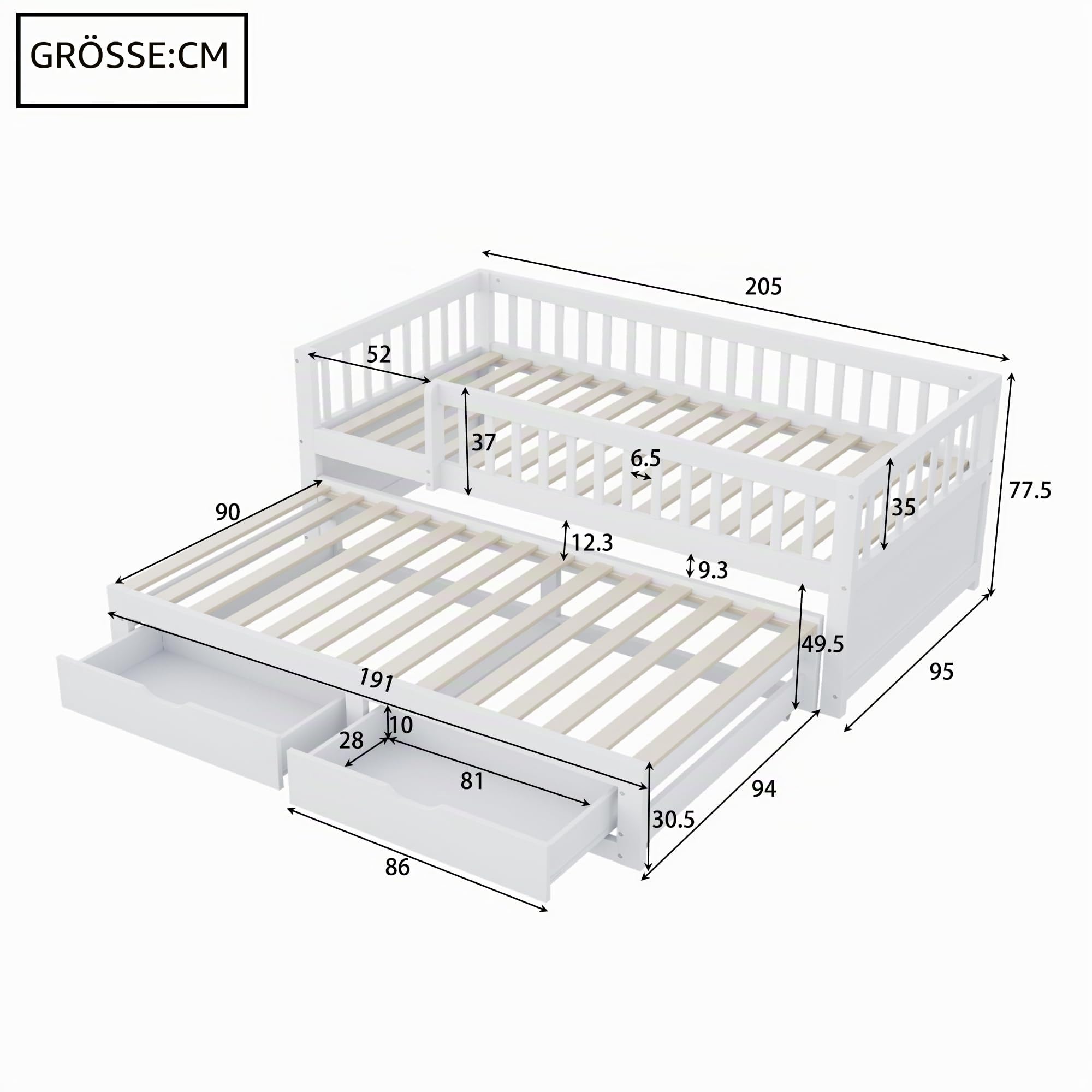 Kebnor Massivholz-Schlafsofa, Vollverkleidetes Sicherheitsgitter, Ausziehbares Bett mit 2 Schubladen Darunter, Mit Lattenrost, Kinderbett Jugendbett Gästebett Erwachsene (Weiß, 90 * 200 cm)