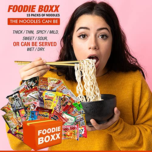 Foodie Boxx Asian Instant Ramen Noodles Variety Pack With Cookies & Chopsticks | Nongshim, Samyang, Wai Wai, Mama, Hao, Acecook | Student Care Package | 15 Pack Assorted #TOP3