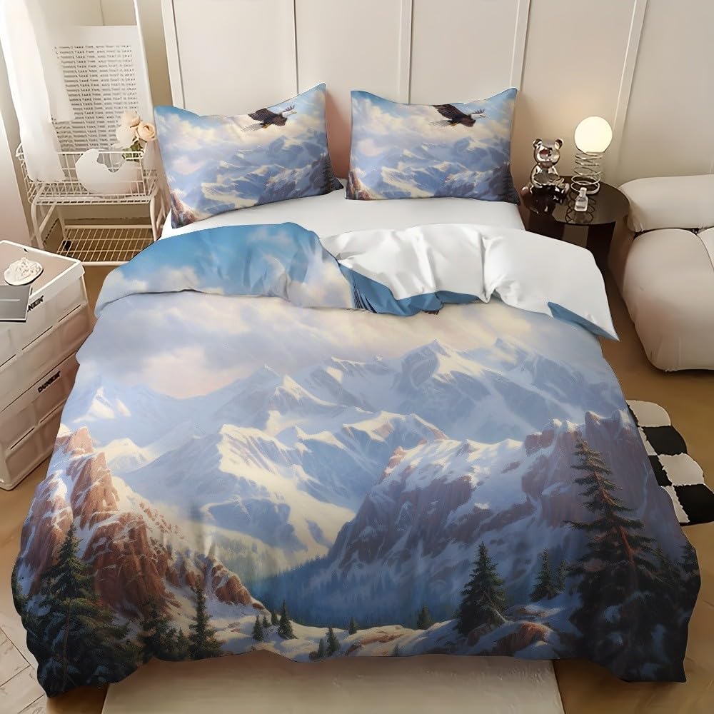 3-częściowy komplet pościeli 200 x 200 cm, z mikrofibry, góry, białe orły, krajobraz, poszewka na poduszkę z zamkiem błyskawicznym, 80 x 80 cm, naturalny, oddychający, nie wymaga prasowania i miękka