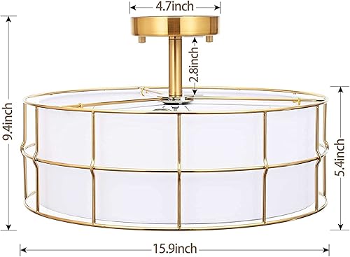 Miniatura 6 de Ludil 16" Semi Flush Mount Ceiling Light Fixture, 3-Light Gold Metal Mesh Drum Ceiling Light, Modern Close to Ceiling Light Fixtures with White