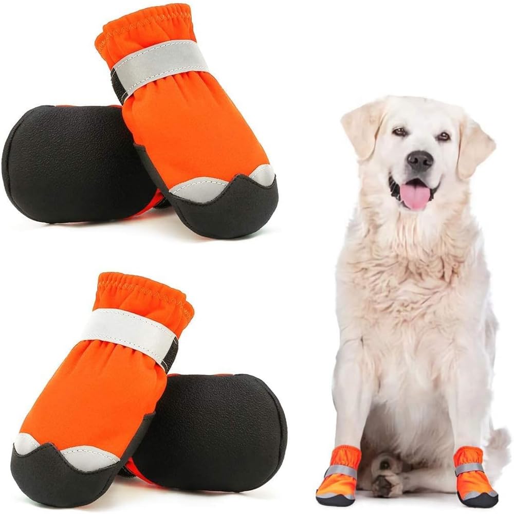 Joyzzz Dog Shoes, 4 Pcs Size 8 Comfortable Dog Booties, Puppy Shoe with Adjustable Straps Rugged, Anti-Slip Sole Paw, Waterproof Dog Boot Sports Running Hiking Pet Boots, Easy to Wear (Orange, 8#)