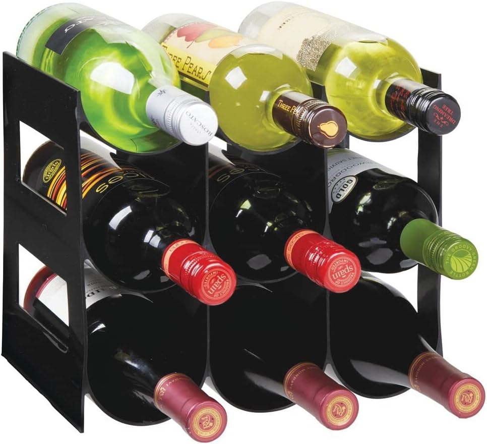 mDesign Plastic Water Bottle Organization/Wine Rack Storage Organizer for Kitchen Countertops, Cabinet, Bin, Pantry, Fridge, Refrigerator, 3 Tiers, 9 Bottles, Lumiere Collection - Black