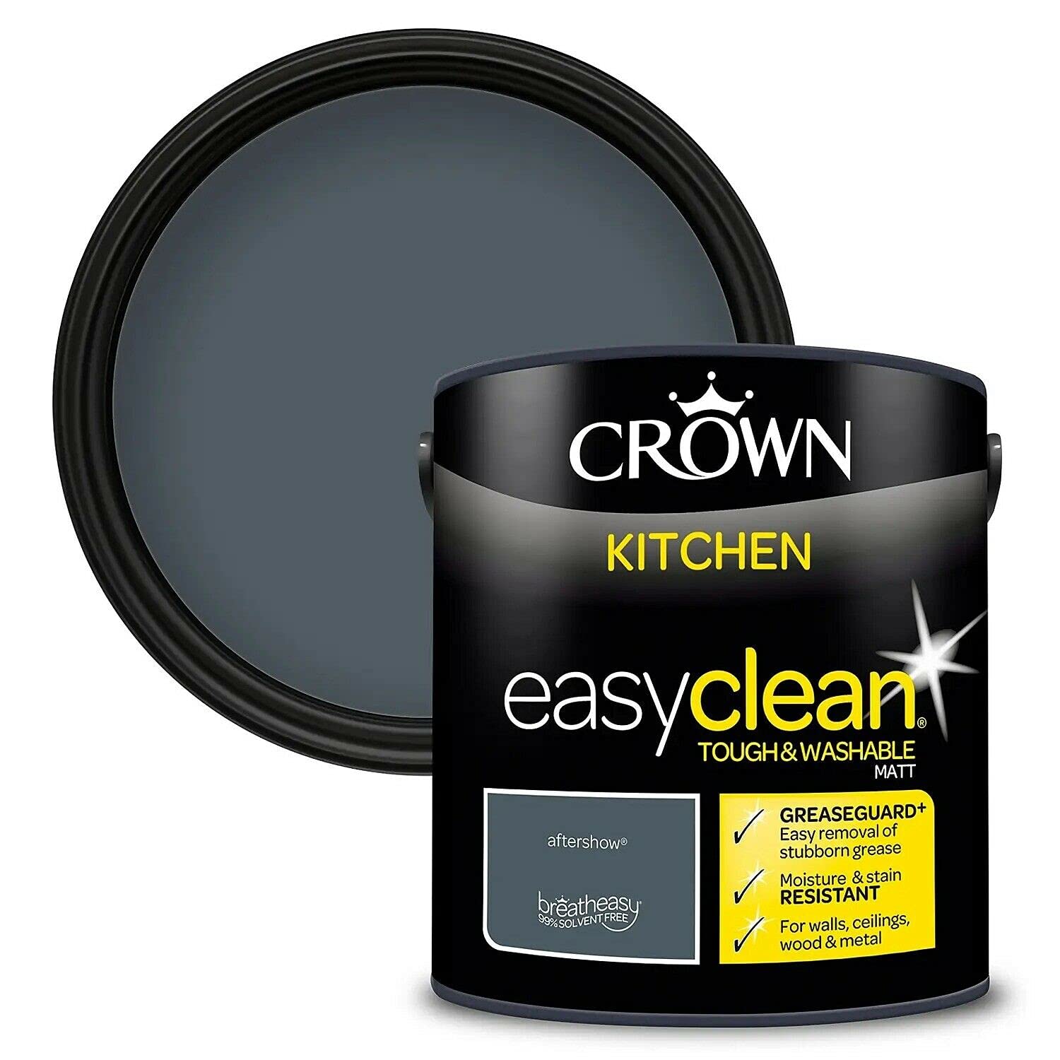Crown2.5L Easyclean Kitchen MATT Emulsion Multi Surface Paint With GREASEGUARD+ That can be Used on Walls, Ceilings, Wood and Metal. Stain & Scrub Resistant Formula – Aftershow