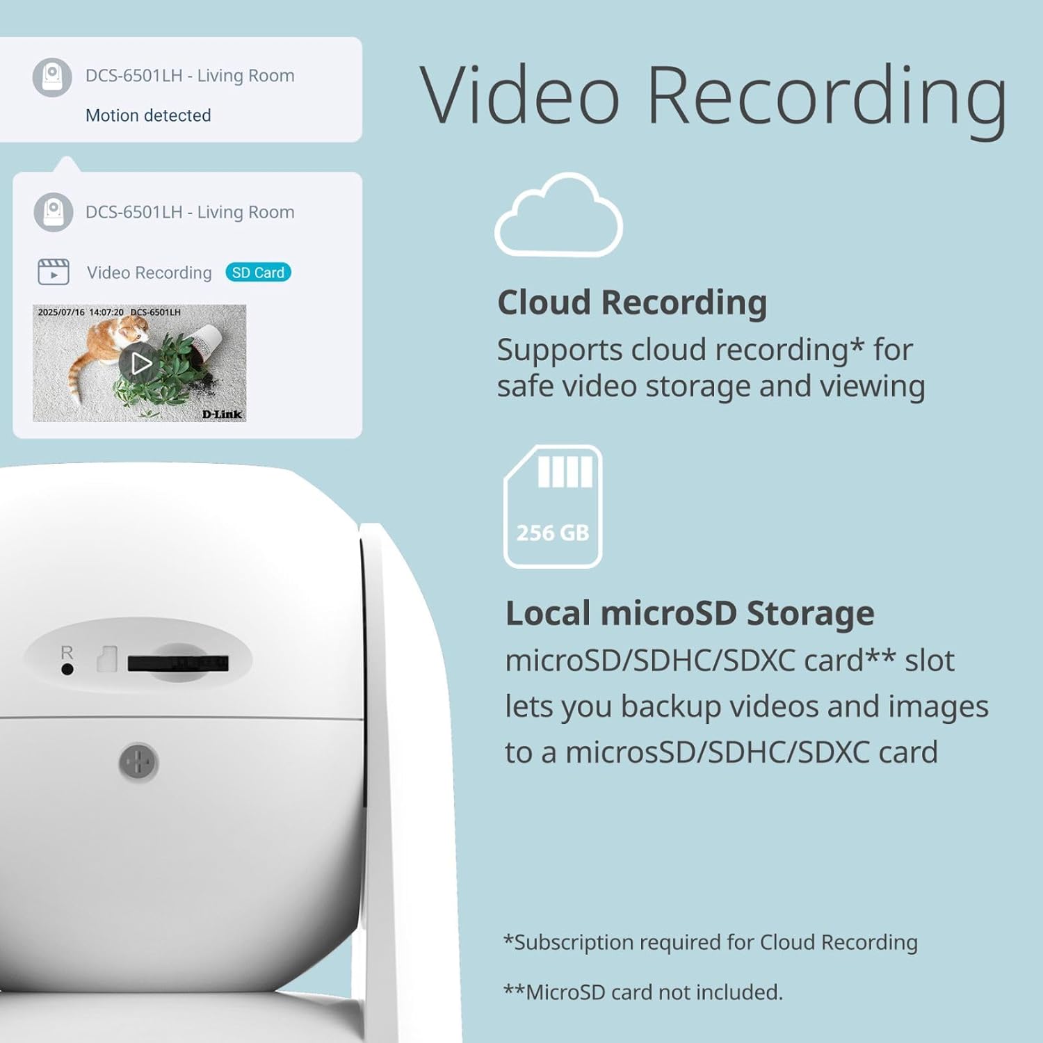 D-Link camera showing microSD card slot and cloud recording icon