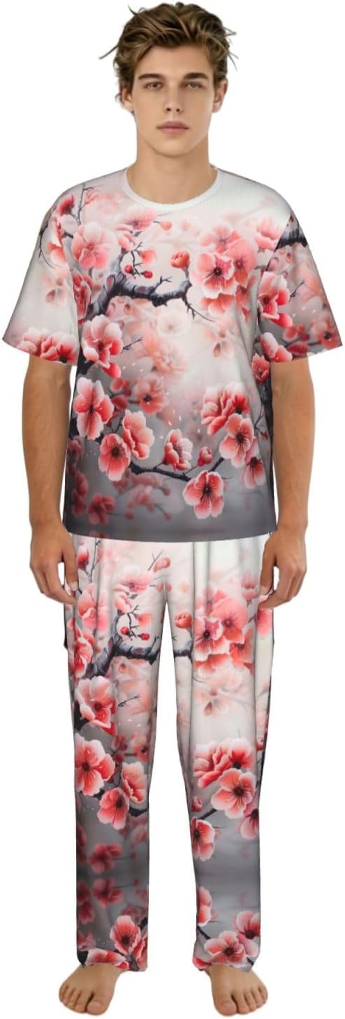 Men'S 2 Piece Loungewear Pajama Set Japanese Cherry Flowers Print Short Sleeve Tee Top And Pants Set S-3xl