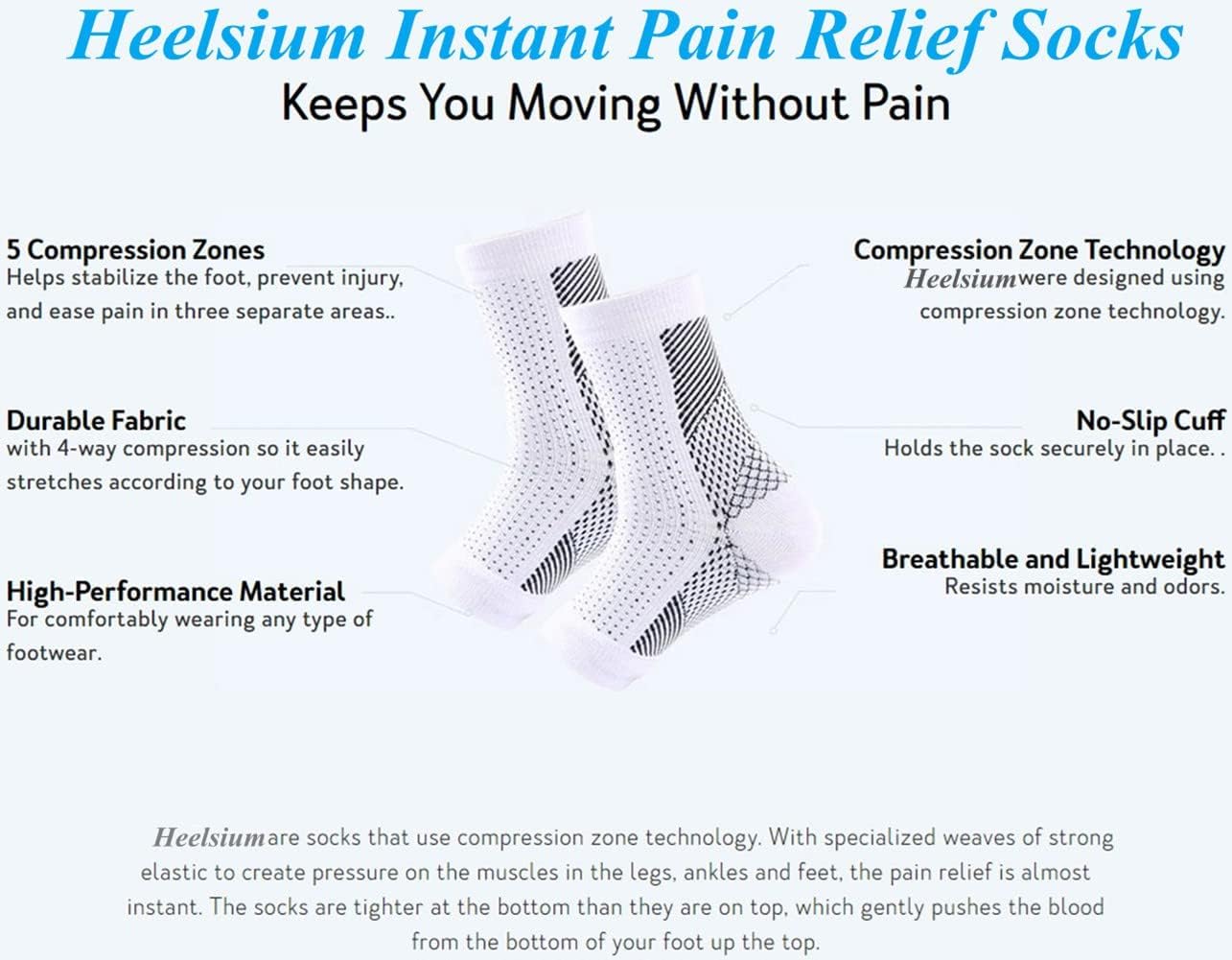 Heelsium Pain Relief Socks,Neuropathy Socks for Women Compression Socks for Women, Instant Pain Medical Athletic Calf Socks for Pain Relief (Medium,White) : Clothing, Shoes & Jewelry