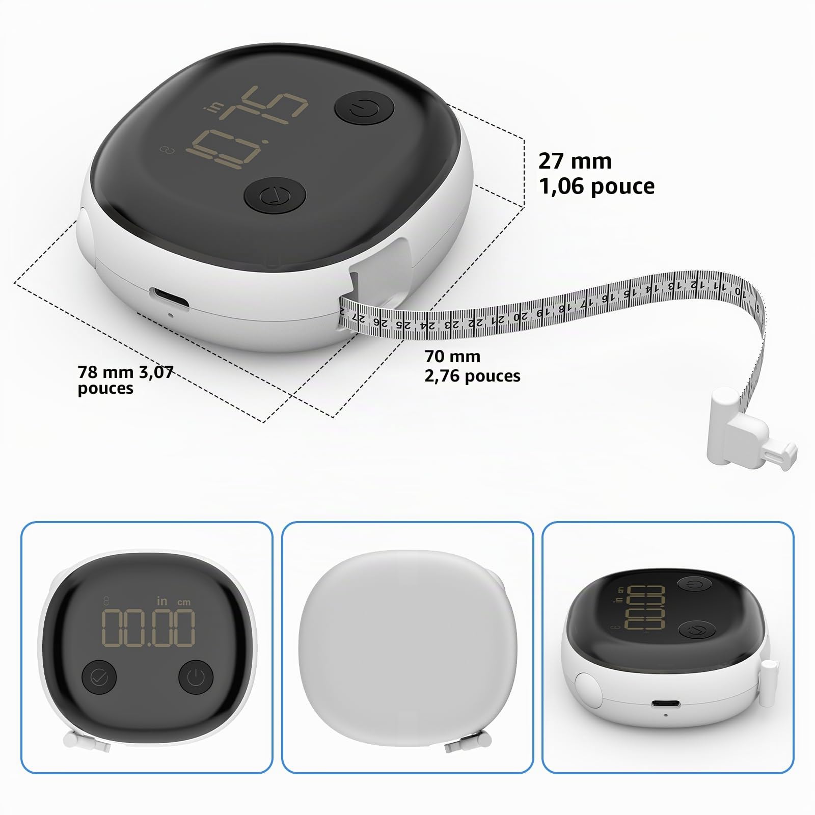 Healthkeep Mètre Ruban Rétractable et Connecté avec Application Bluetooth Rechargeable USB-C pour Mesure du Corps Gain de Muscle Remise en Forme et Musculation, 150 Centimètres / 60 Pouces