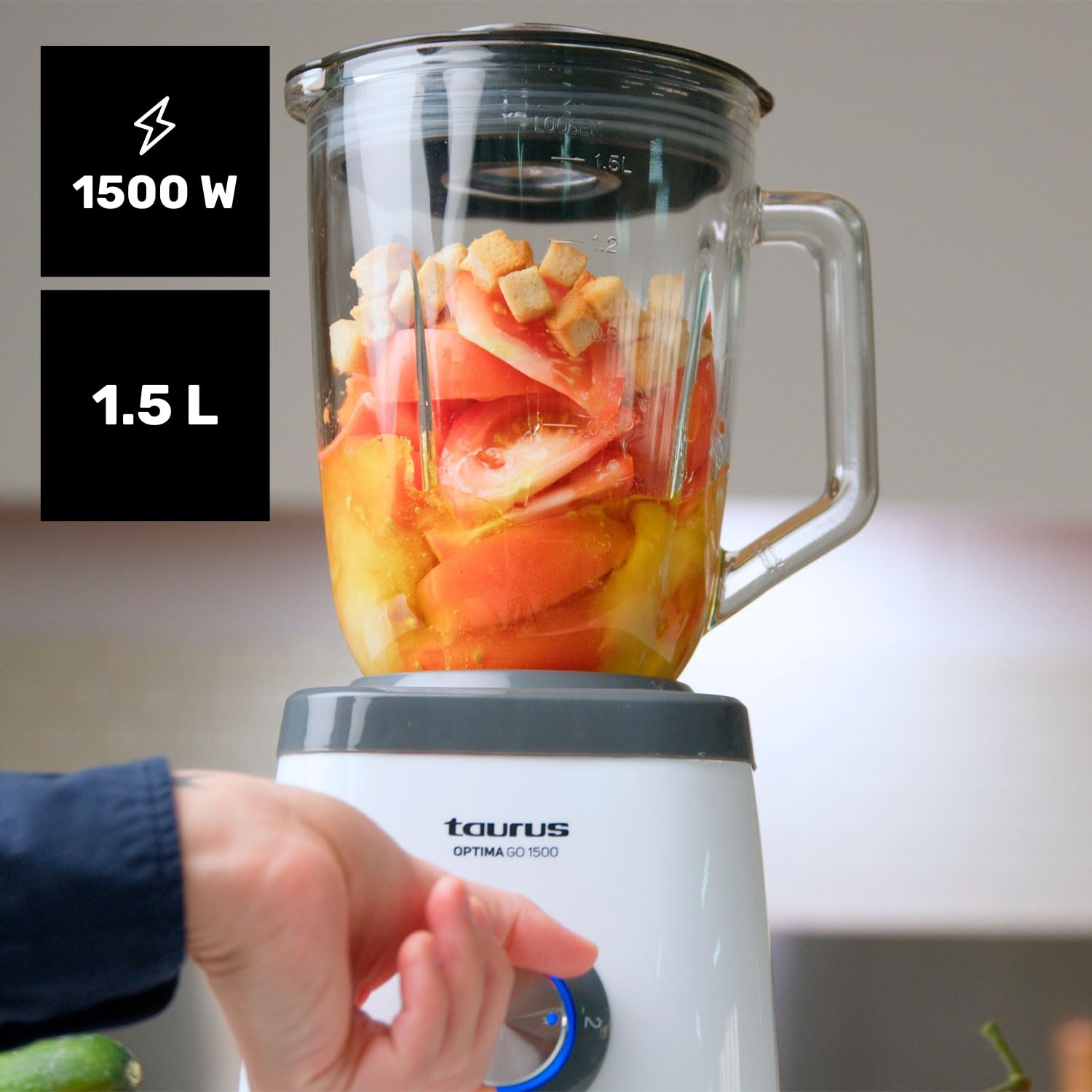 Taurus - Blender Optima Go | 1500W | Bouteille Portable 500ml | Lames 4 Fils | 2 Vitesses + Turbo | Acier Inoxydable | Antidérapant | Système de Sécurité, Gris