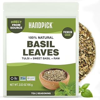 HANDPICK Dried Tulsi Basil Leaves 100g 40 Servings Non-GMO Gluten-Free Whole Leaves India Sourced Resealable Pouch