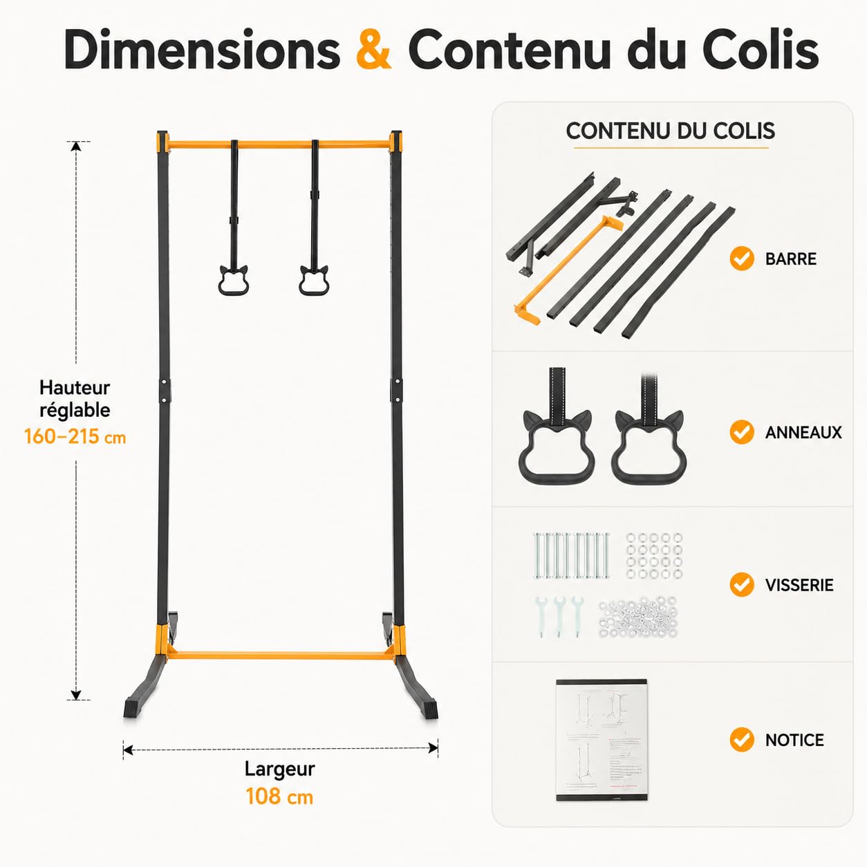 Barre de Gymnastique avec Anneaux, Hauteur Réglable 160-215 cm | Barre Horizontale Robuste 400 kg, Intérieur/Extérieur, Entraînement à Domicile pour Enfants et Adultes