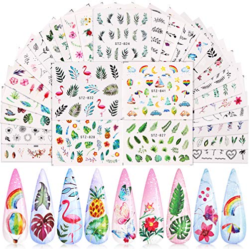 Flowers Nail Art Stickers, KISSBUTY 29 Sheets Flowers Grass Flamingo Nail Water Transfer Stickers Wraps Adhesive Flowers Nail Art Tattoos DIY Summer Nail Decals
