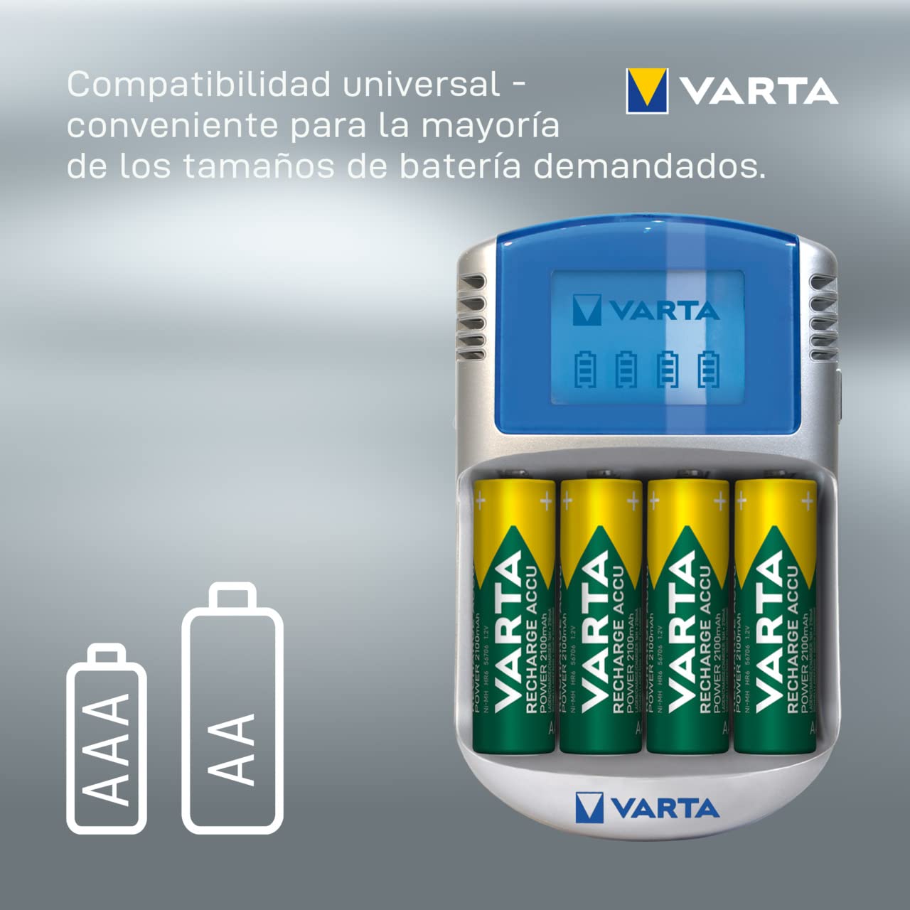 VARTA Cargador de Pilas, incl. 4X AA 2600mAh, cargador para pilas AA/AAA recargables, LCD Charger, con cable USB & adaptador de 12V