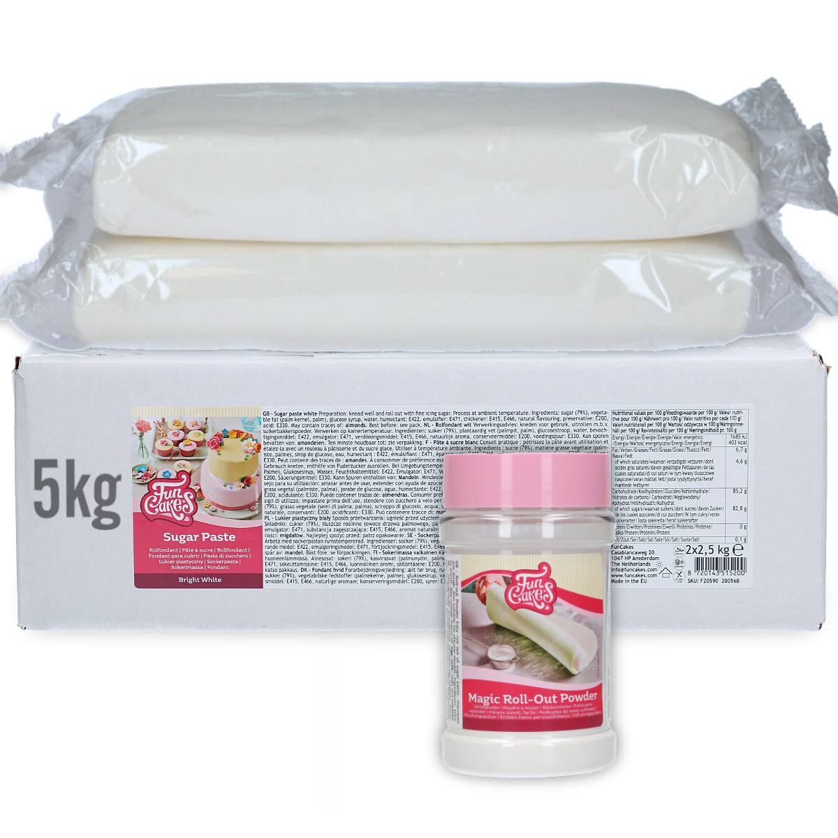 AOS Set | Funcakes Fondant 5kg (2x2,5kg) Weiß + 1x Funcakes Magic Roll-Out Powder 225g (Ausrollpuder) | Hochwertig | Vorteilspack | Einfach zu Verwenden | Flexibel | Perfekt zum Dekorieren von Torten