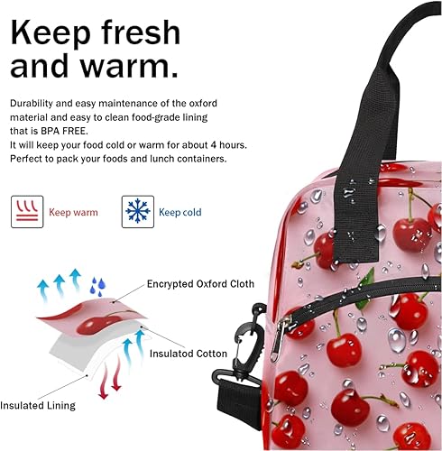 Miniatura 6 de Lonchera térmica para mujeres y hombres, color rojo, rosa, cereza, grande, reutilizable, a prueba de fugas, bolsa de almuerzo con correa ajustable