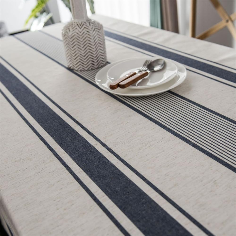 Mantel de Lino y algodón de Estilo Rural con diseño de líneas Azules, para decoración de Cocina, Bodas, comedores, Azul Marino, 140 x 180 cm