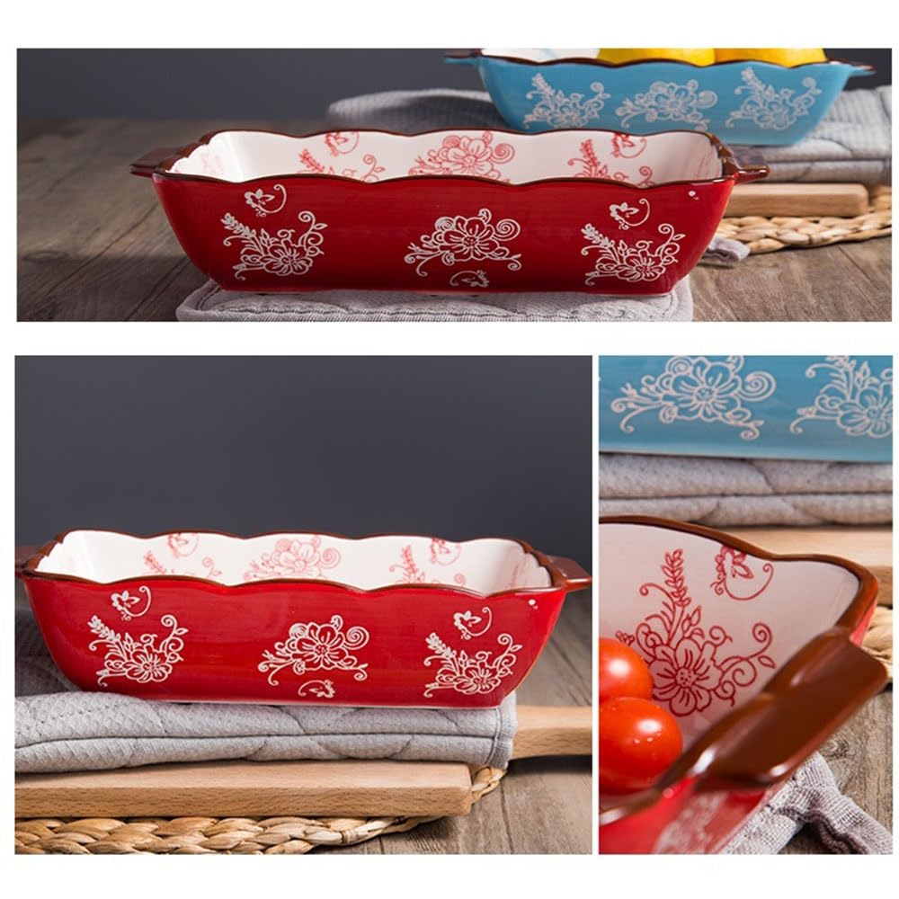 naczynie do pieczenia Czerwona wiśnia kwiatowa ceramiczna forma do pieczenia, prostokątna, dwuuchwytowa zastawa stołowa, naczynie zapiekania ryżu(Duży)
