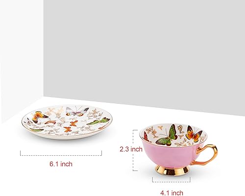 Miniatura 2 de LURRIER Taza de café con platillo para café con leche, té de capuchino con mariposas de 6.8 onzas, porcelana de hueso fina, apta para lavavajillas,