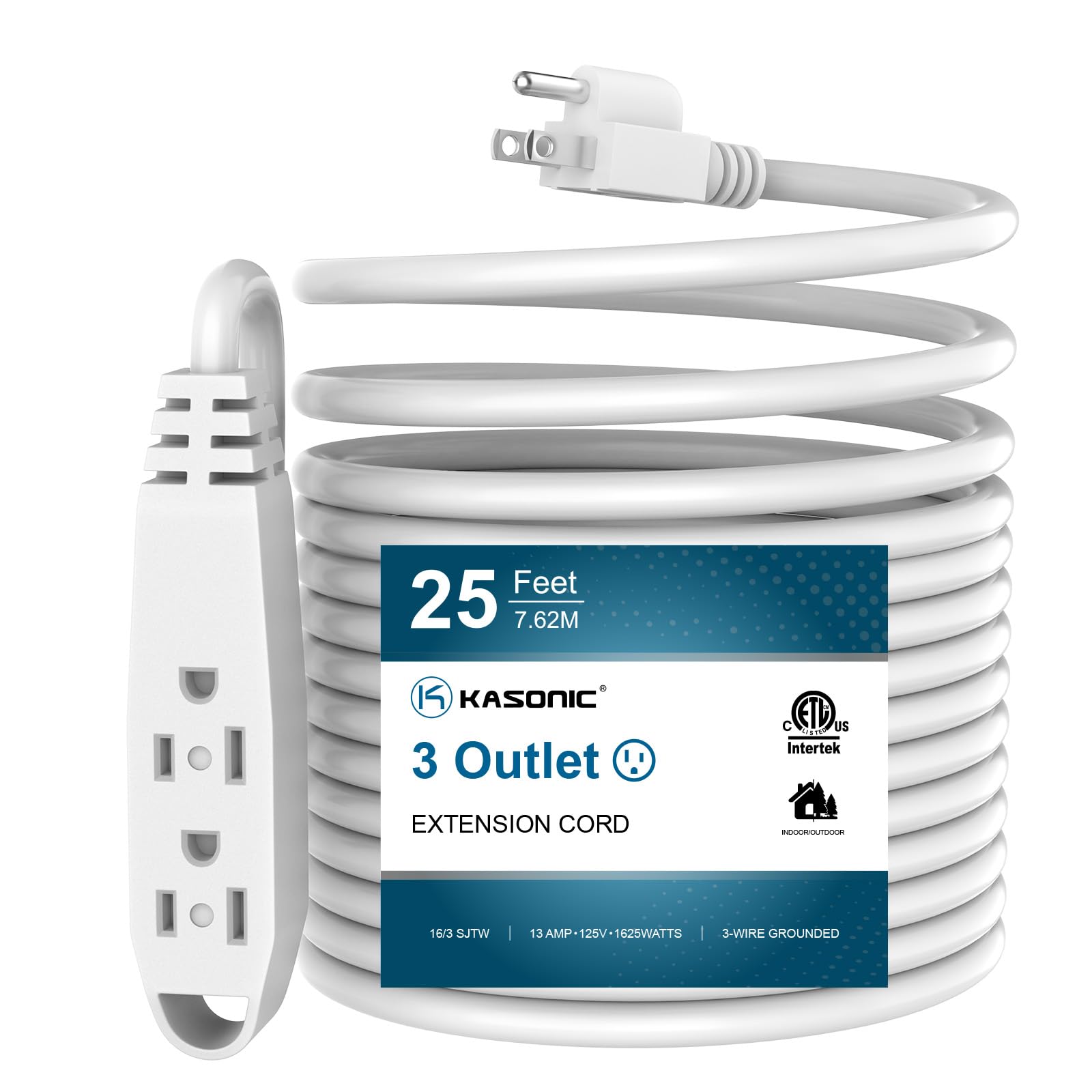 25-Feet 3 Outlet Extension Cord, Kasonic UL Listed, 16/3 SJTW 3-Wire Grounded, 13 Amp 125 V 1625 Watts, Multi-Outlet Indoor/Outdoor Use, White