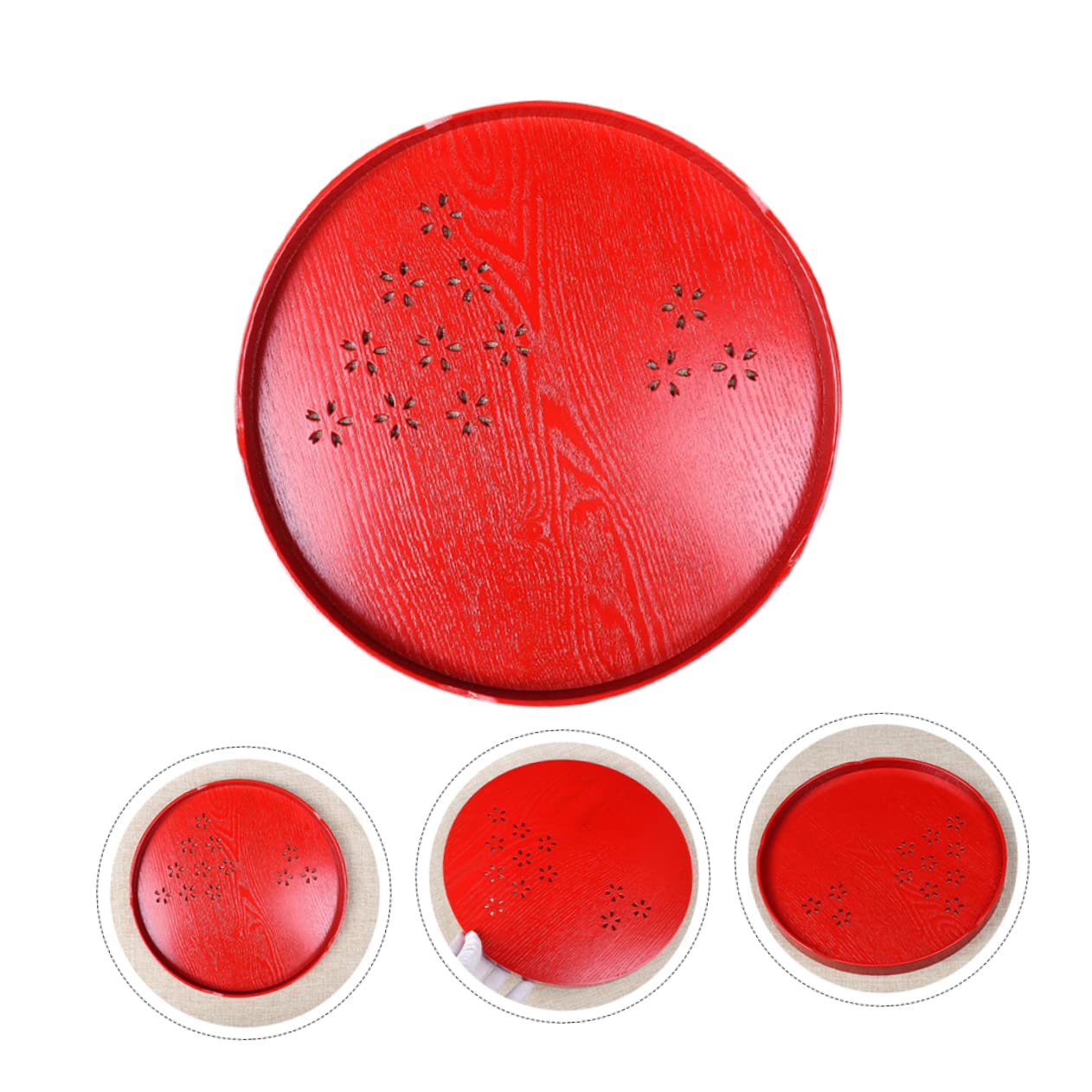 Bandeja Decorativa Redonda de Madera Roja para Juego de Té de Boda