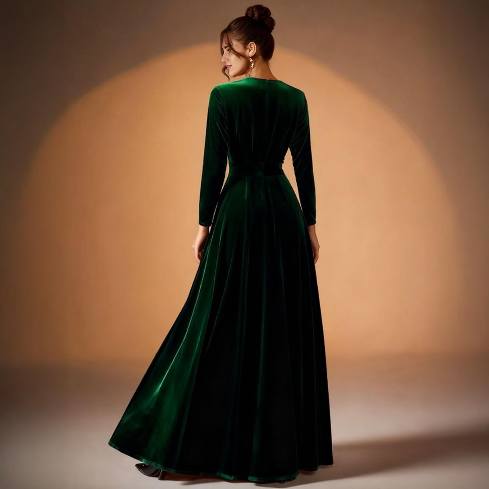 Damen Samt Maxikleid Casual Rundhals Langarm A-Linie Swing Kleid Elegant Herbst Formale Kleidung Groß für Cocktail Party Formelle Veranstaltungen
