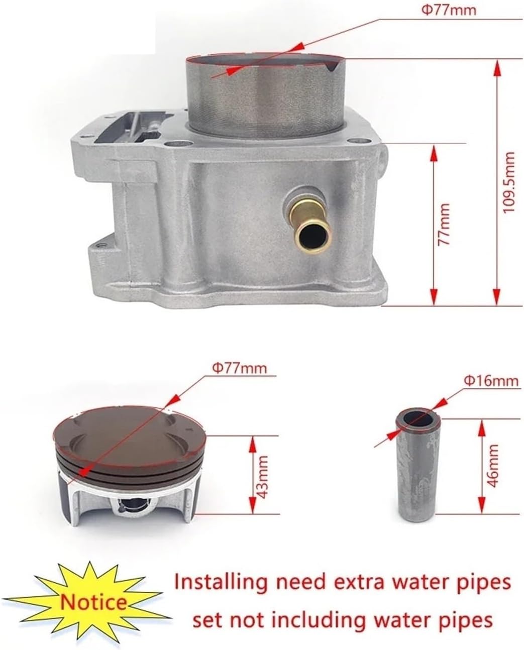 Zongshen CBS 300 increase to CBS 350 Motorcycle Cylinder Kit, 77mm Air Block with Piston, Gaskets, Rings for CBS 3500 Model, Gray Aluminum