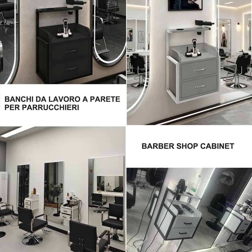 Meuble de Salon de Coiffure, Poste de Travail avec tiroir, Fixation Murale, Table de Rangement pour Coiffeur, pour Salon de Coiffure, barbier et Usage Domestique(White,B)