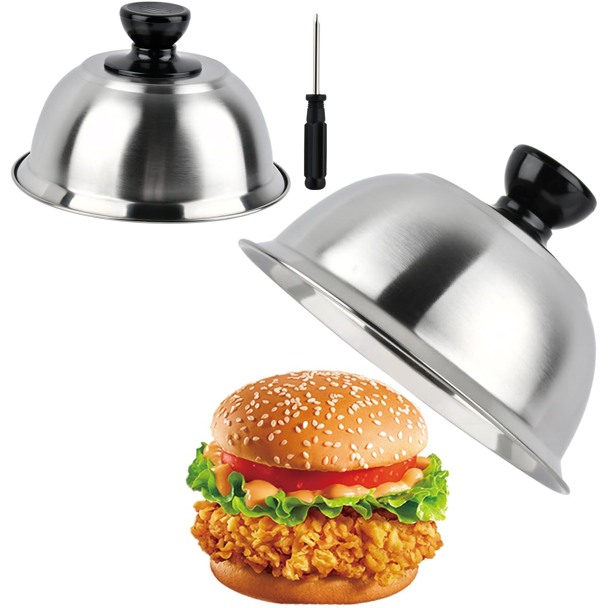 BATINO 2Pcs Cheese Melting Dome, 6.3inch Stainless Steel Small Round Basting Steaming Cover, Heavy Duty Griddle Grill Accessories for Kitchen Cooking Flat Top BBQ Indoor & Outdoor, Dishwasher Safe