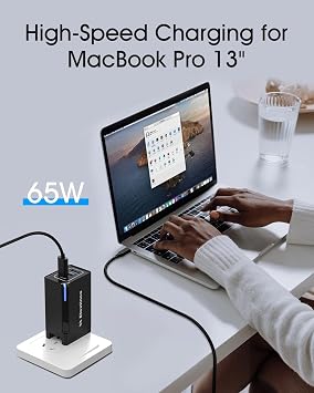 65W USB C Plug, Elexlinco GaN II Fast Charger, 3-Port USB C Charger Plug with UK, US, EU Travel Adapter, Compatible with MacBook Pro/Air, HP Laptops, iPad, iPhone 15/Pro/Max, Galaxy S24/S23 and More