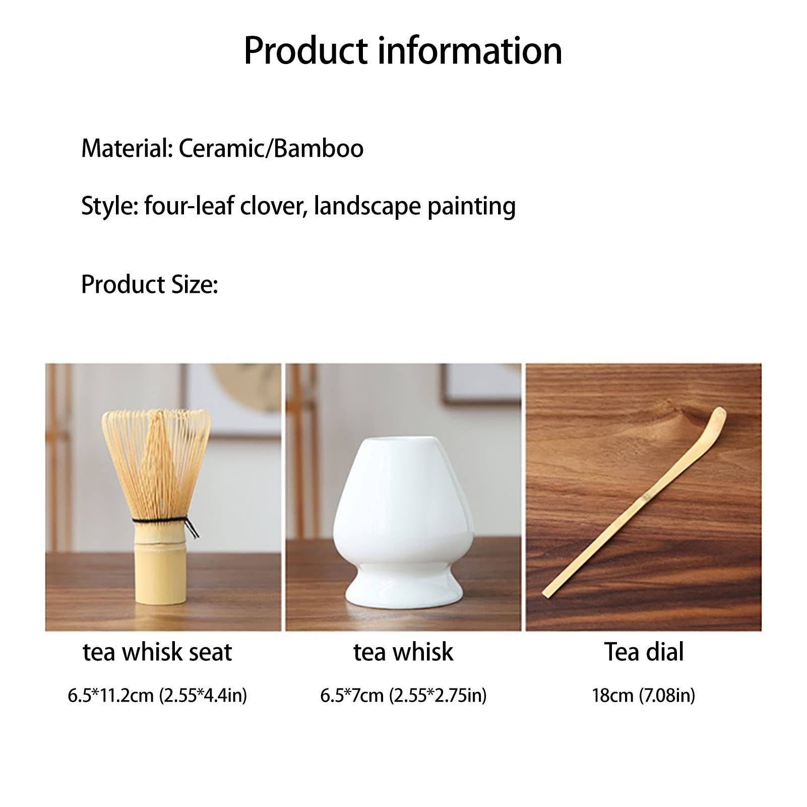 SXYAO Japanese Traditional Matcha Whisk Set Bamboo Handmade Tea Pick Color Glaze Whisk Stand 3-Piece Set Matcha Kit Reusable with Milk Coffee Easy Brewing(Four-leaf clover set)