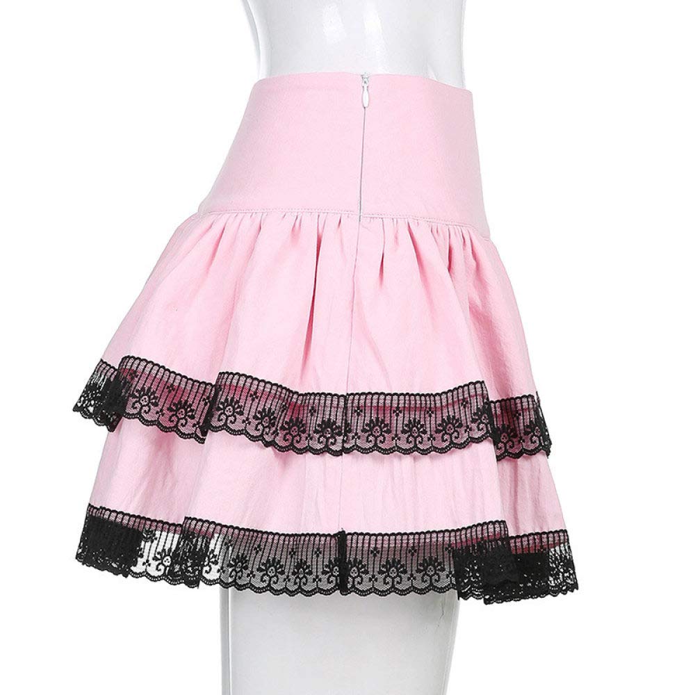 Falda Mujer Mini,Falda Acampanada De Cintura Alta Rosa Doble Capa Patchwork Encaje Kawaii Verano Plisado Falda Corta Dulce Linda con Cremallera para Niñas Damas Playa Fecha De Vacaciones Fiesta
