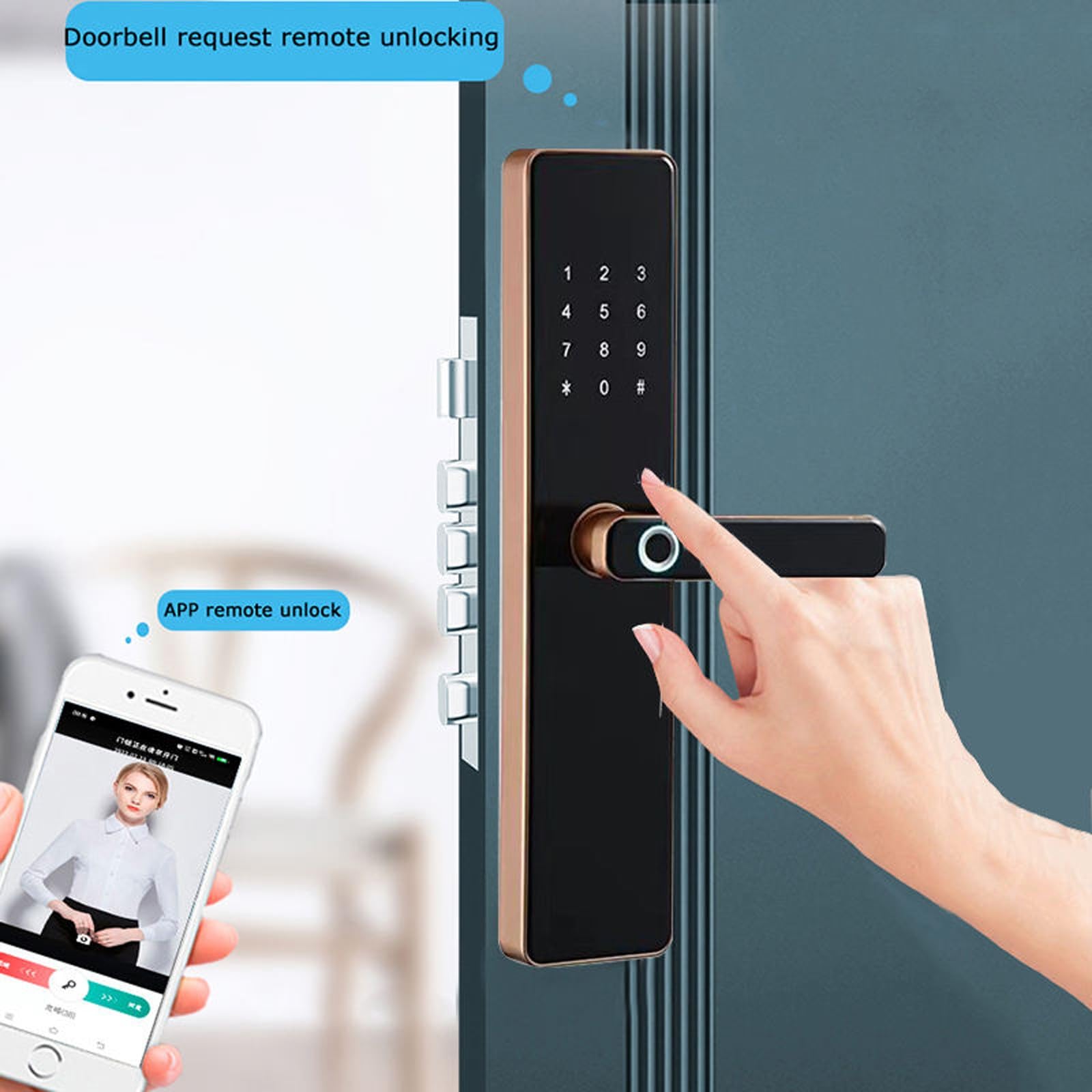 Serratura Porta D'Ingresso Senza Chiave App di Sblocco Remoto Allarme Vocale Serrature Intelligenti Porta D'Ingresso Codice Bluetooth Smart Lock Elettrico Senza Fili(Bronze)