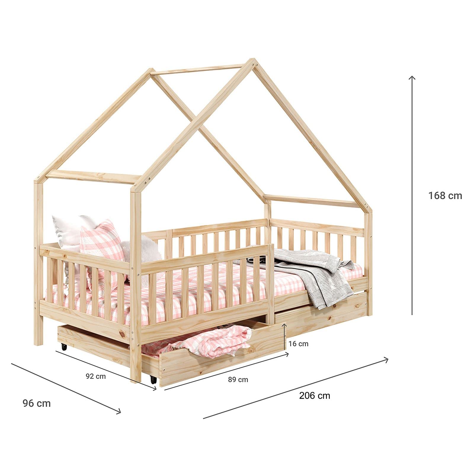 IDIMEX Hausbett ALVA aus Kiefer Massivholz, Natur - Kinderbett mit Dach, Tipibett mit Schubladen, Kinderzimmer Bett, Bodennahes Bett Montessori, ideal für Dachschrägen