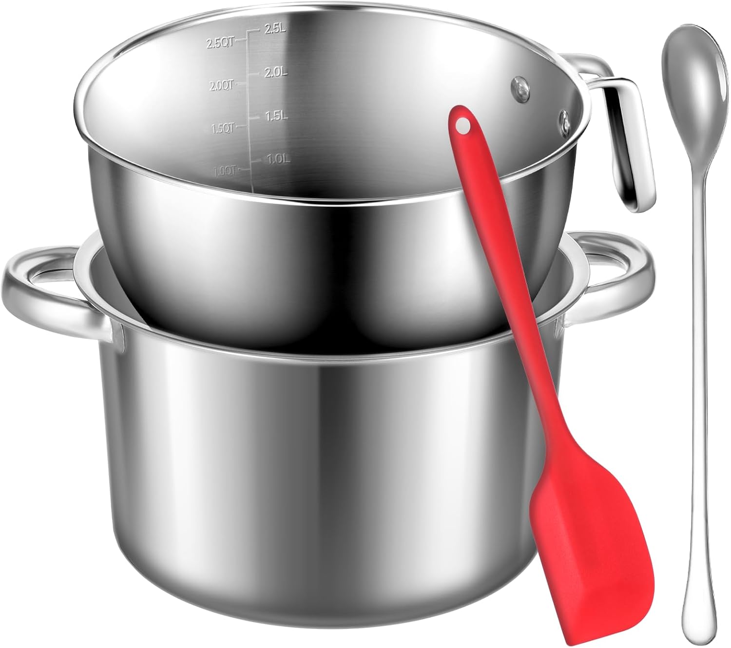 BOHUIZ 304 Stainless Steel Double Boiler Set: 4.2QT Pot + 2.6QT Melting Bowl, Spatula & Spoon for Chocolate, Wax, Butter Melting