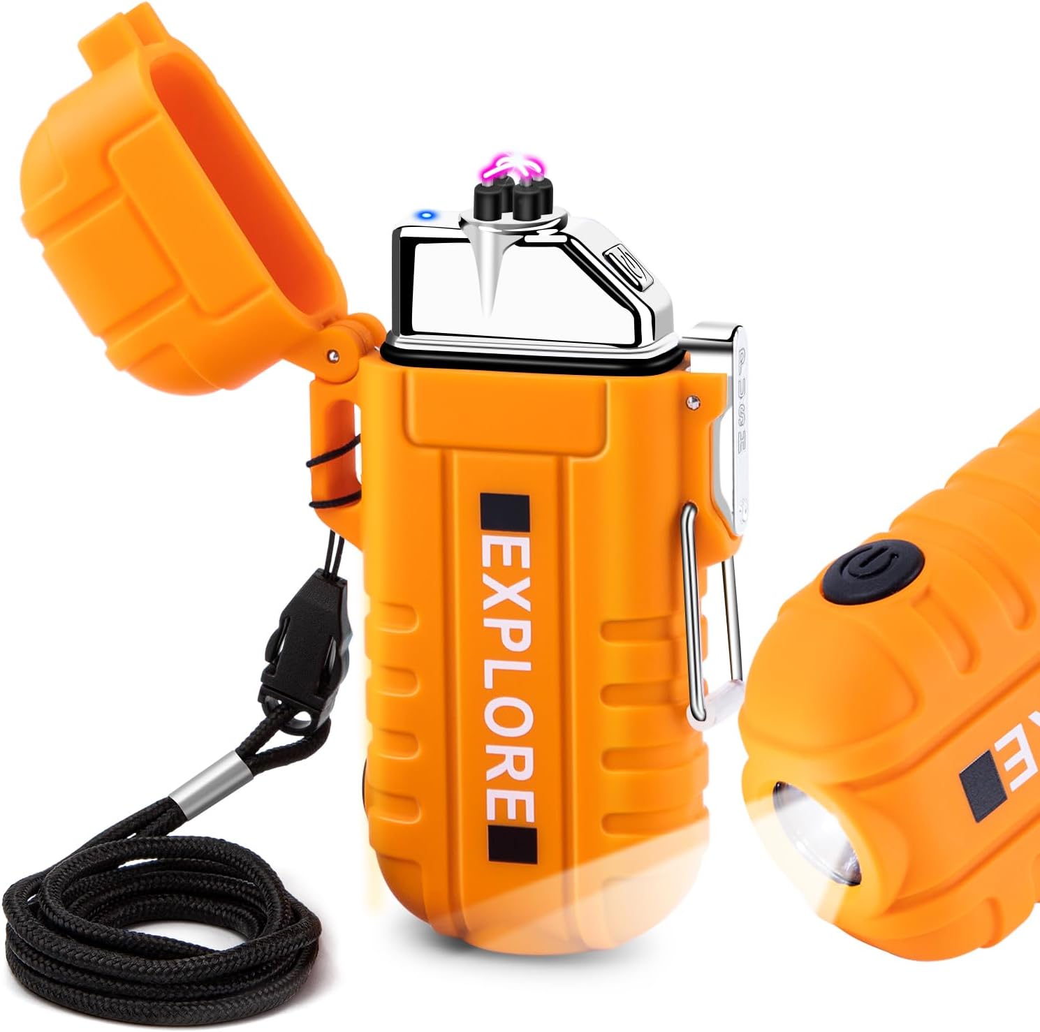 Electric USB C Rechargeable Lighter with Cross Dual Arc, Windproof and Waterproof Lighter with Flashlight for Camping, Survival, Hiking (Orange)