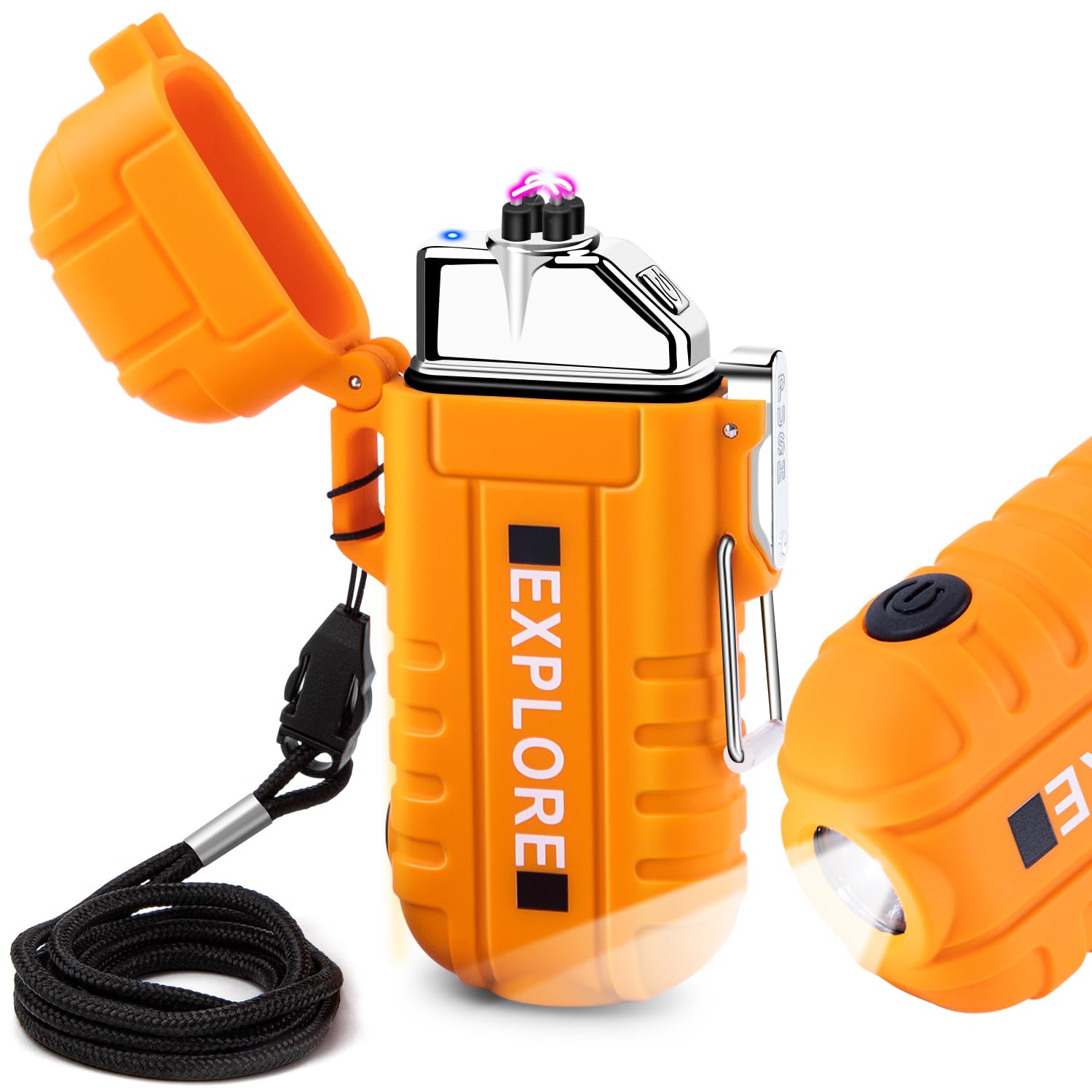 LcFun Arc Plasma Waterproof Lighter Electric Windproof Lighter USB Type C Rechargeable Flameless Cool Lighters with Flashlight for Camping, Survival,Outdoor Adventure, Tactical (Orange)