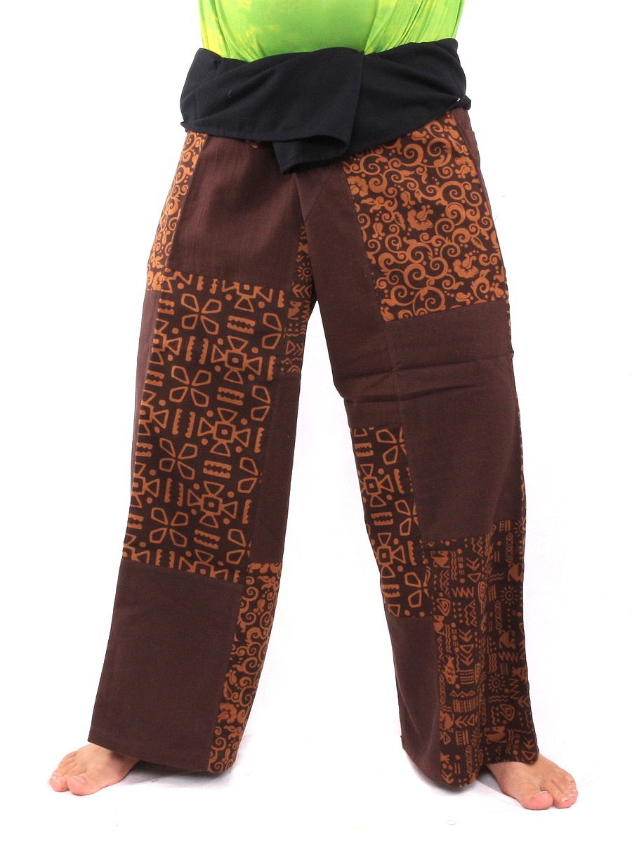 Cotton Wrap Pants – Patchwork Design, Adjustable Waist, Size L Long, Handmade in Thailand