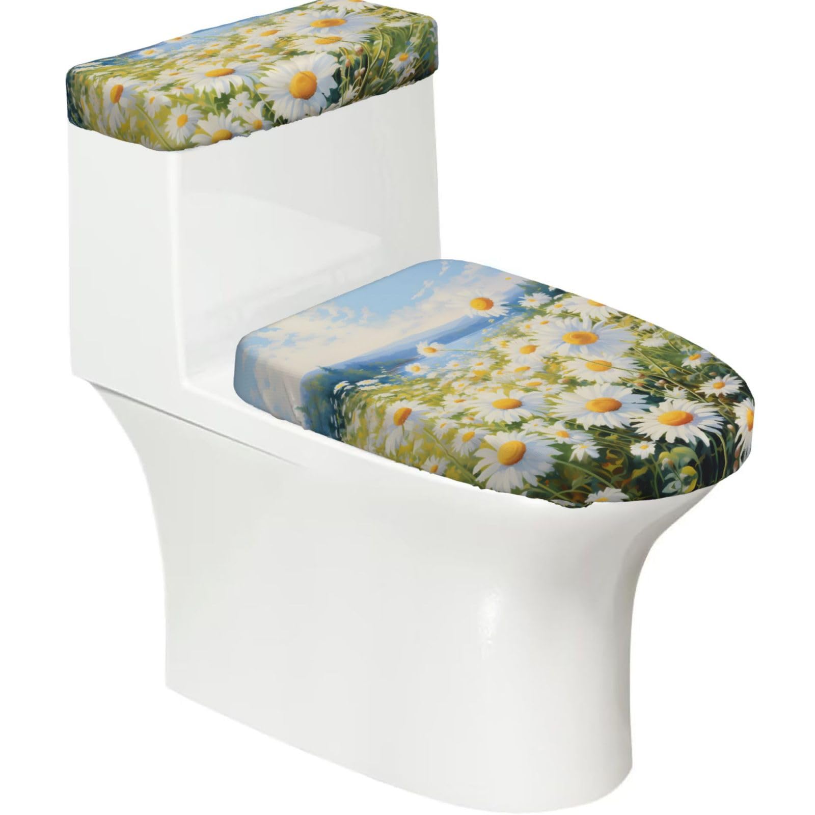 Italian National Flower 2-Piece Toilet Seat Cover Set with Tank Lid - Elastic for U-Shape & Elongated - Bathroom Decor