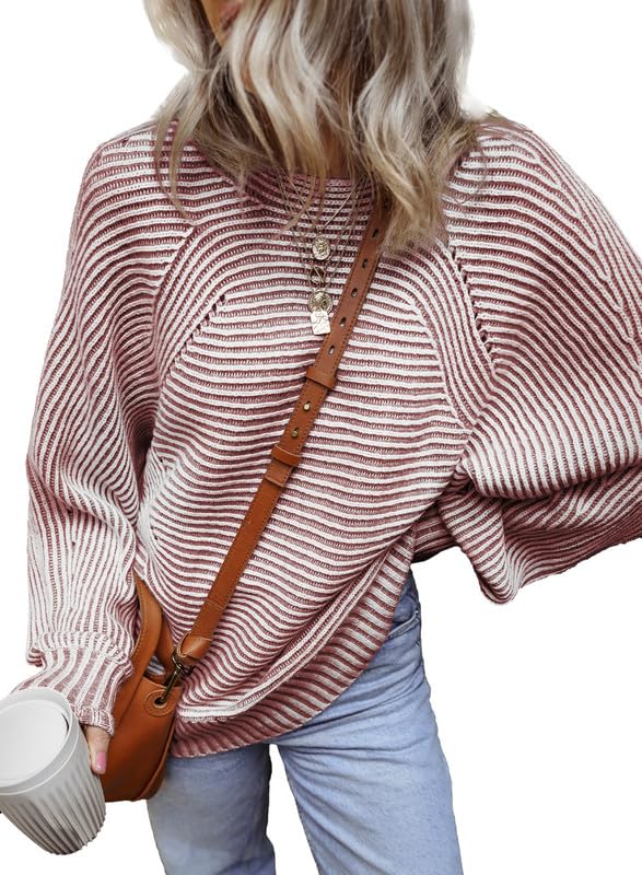EVALESS Sweaters for Women Teacher Outfits Lightweight Oversized Striped Sweaters Fall Trendy 2025 Long Sleeve Chunky Knit Tops Dressy Casual Winter Clothes Off Shoulder Crew Neck Red Sweater, Large