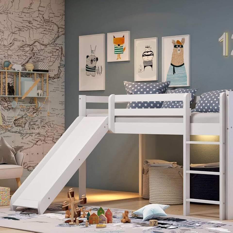 Cama Alta Kids com Escorregador em Madeira Maciça/mdf Branco