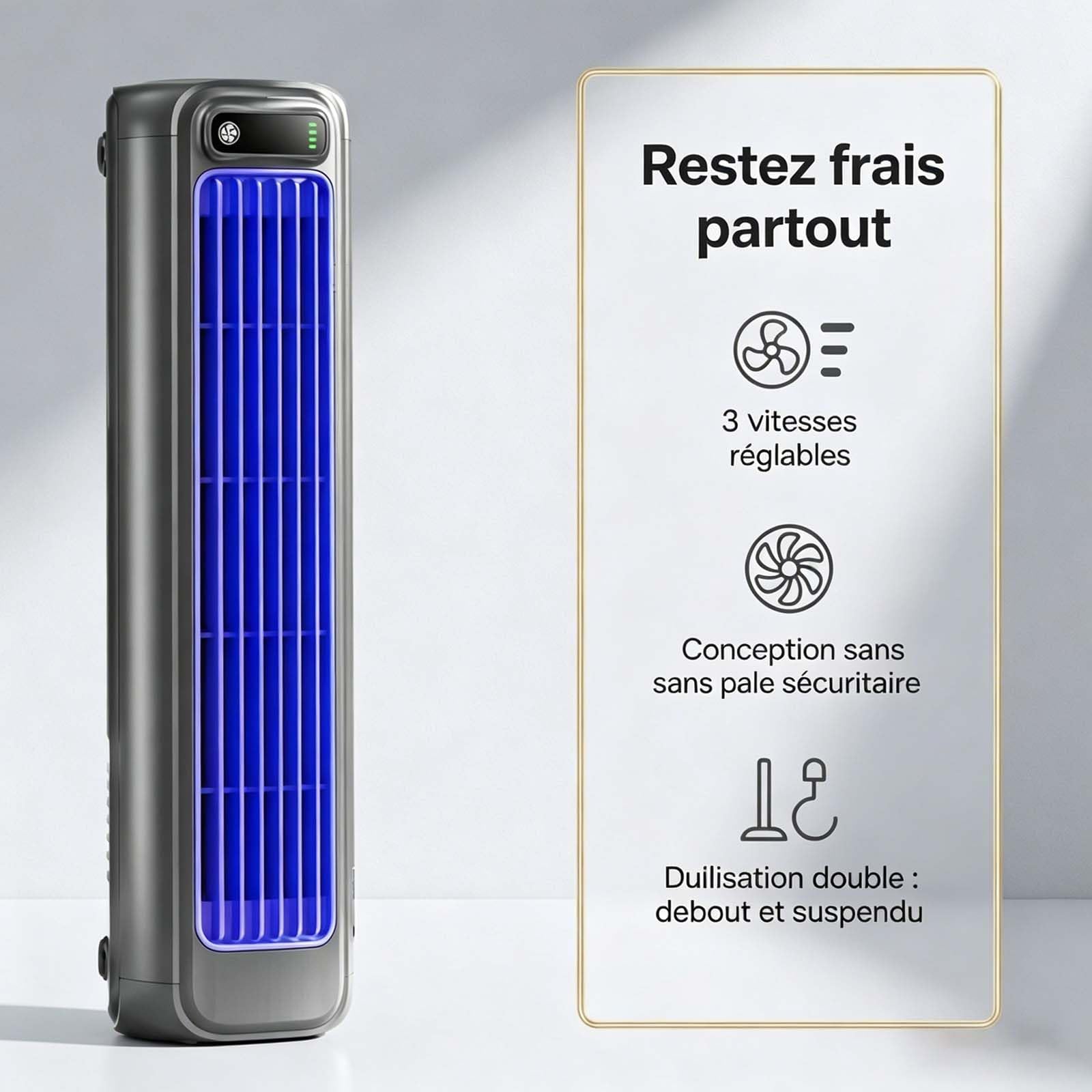Enfriador de aire portátil, mini acondicionador de aire recargable silencioso con 3 velocidades, ventilador de refrigeración para el hogar, oficina, dormitorio (azul + blanco) - Eficiencia energética