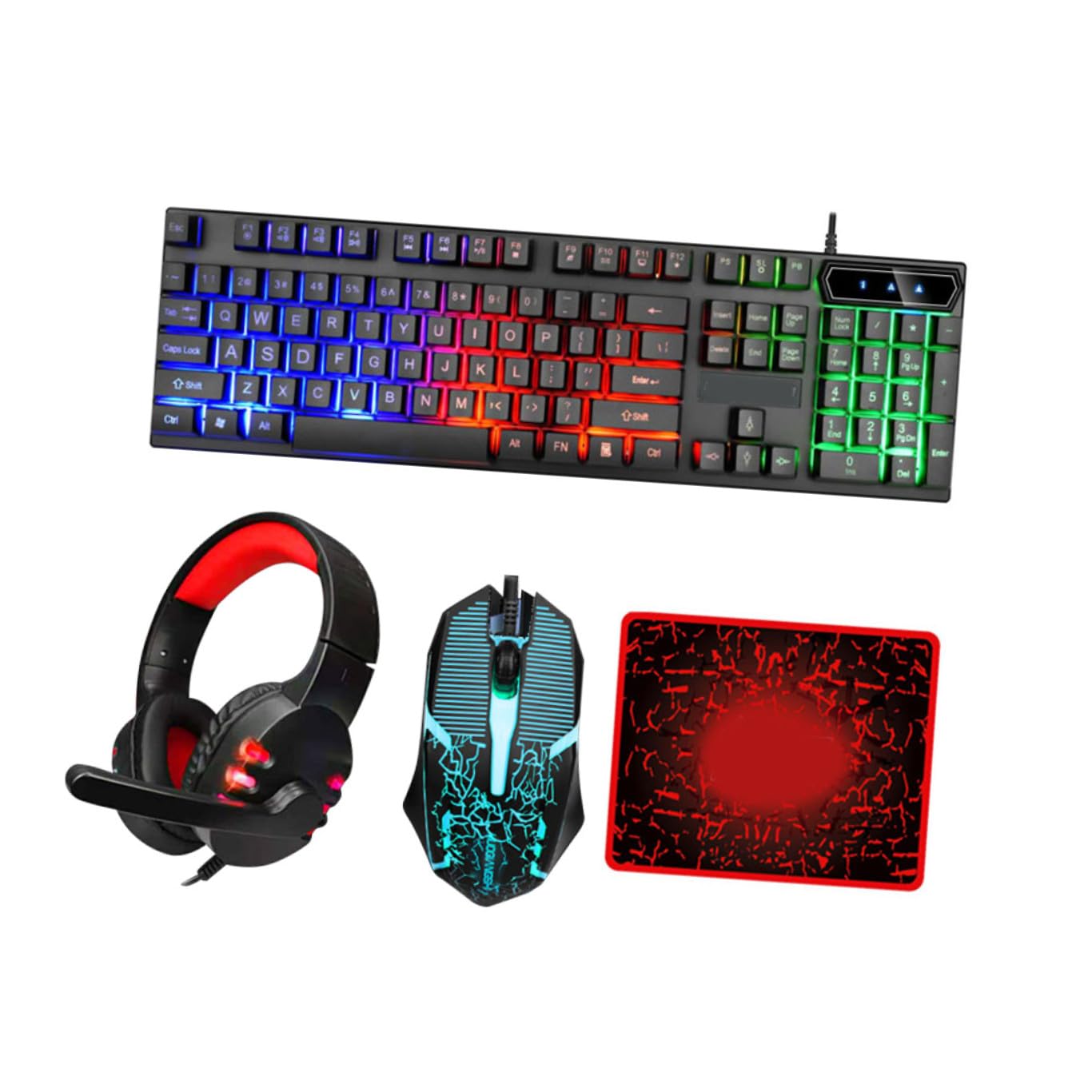 SHINEOFI Tastiera Mouse Gaming Retroilluminati con Cuffie Ergonomiche e Tappetino USB Wired per Computer e Ufficio Sostituzione Perfetta per Giocatori