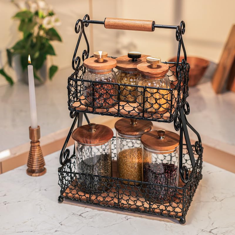 Image of Vintage Charm 2-Tier Fruit & Vegetable Basket | Acacia Wood & Iron Storage Organizer with Wooden Handle | Multipurpose Countertop Basket for Fruits, Vegetables, Bread & Pantry Storage