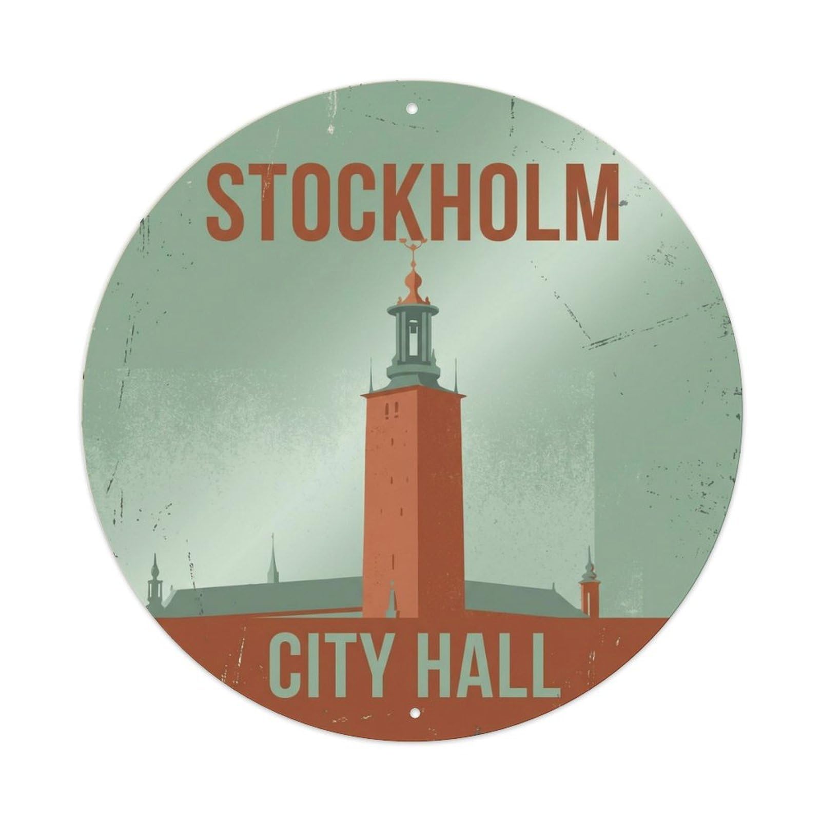 Cityhall Tower Dining Landmark Metal Tin Sign Plaque Wall Decor for Cafe, Club Bar, Office, Home Garden Round Metal Poster 8x8Inch
