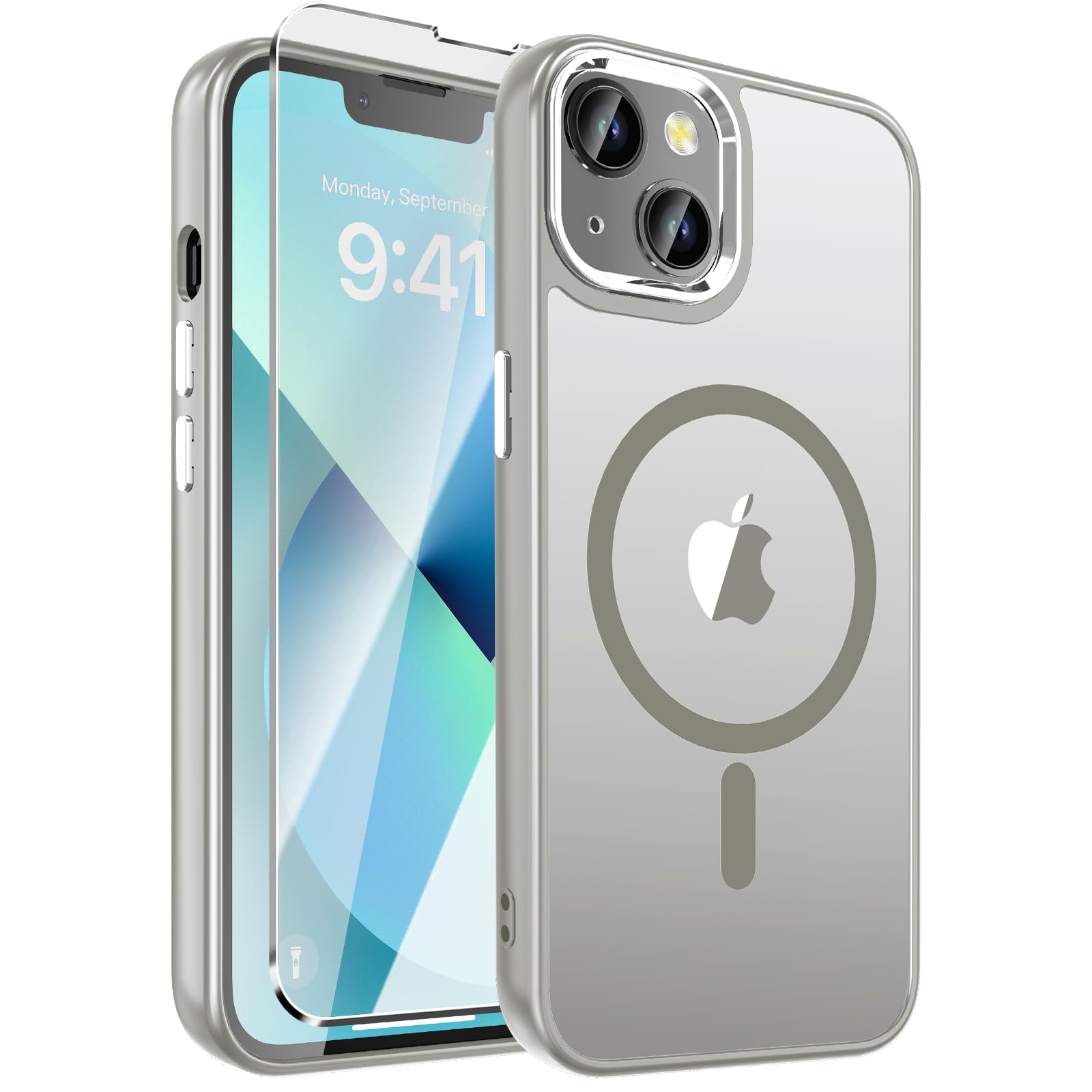 WRJ Magnetic Case for iPhone 13,iPhone 14 Case with Screen Protector, Magnetic Translucent [Compatible with Magsafe] Slim Anti-Fingerprints Shockproof