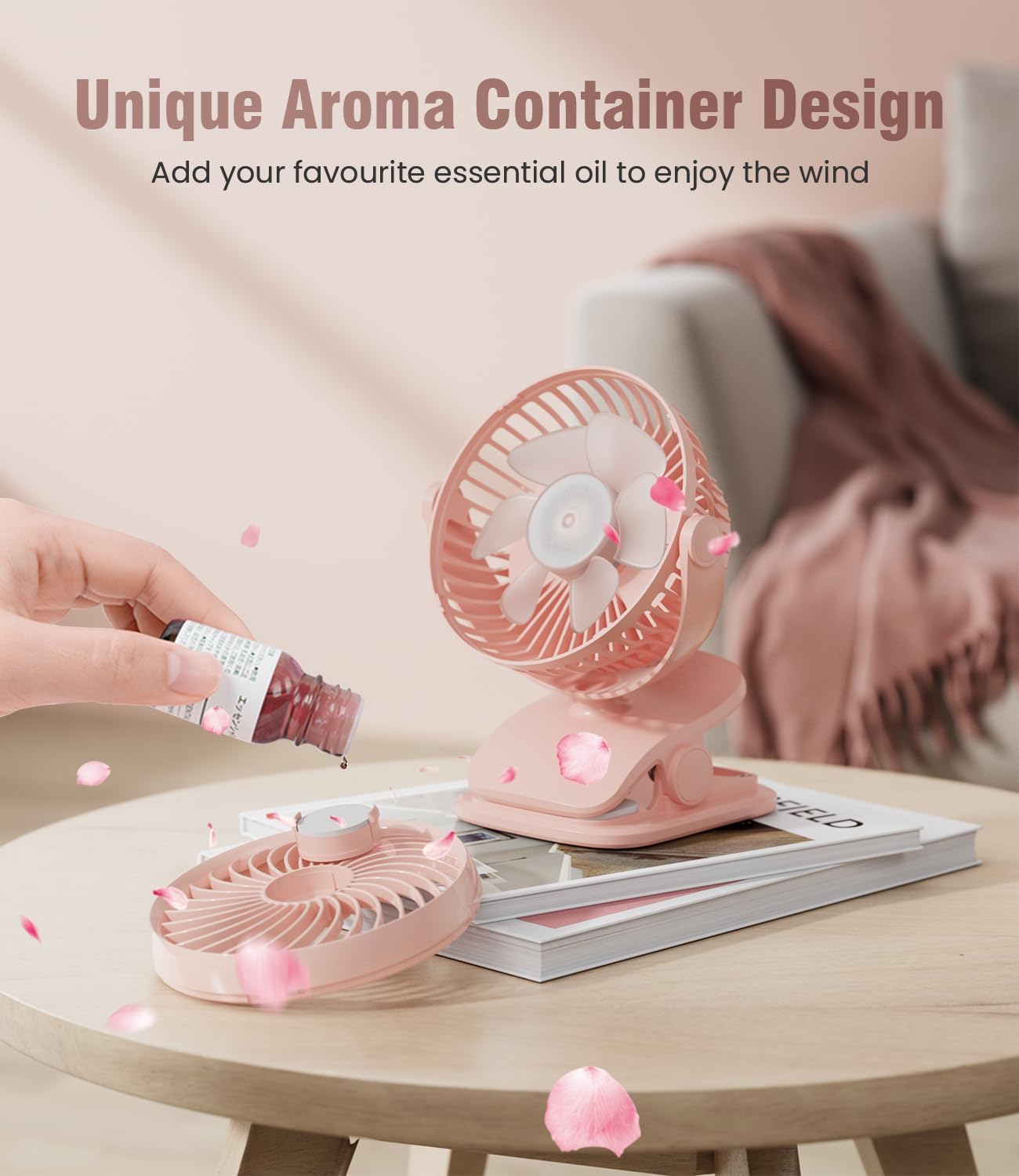 AA Battery Operated Clip on Stroller Fans, USB Powered Portable Desk Fan 4 Speeds Personal Golf Cart, Quiet, Small Table Fan, Free Angle Adjustable, Wireless, for Camping Hurricane Office Bed (Pink)