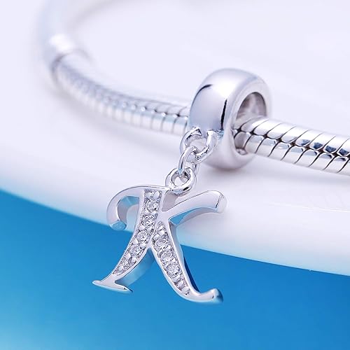 Miniatura 2 de ABUN Abalorio de plata de ley 925 con letra A a la Z espaciador de inicial con circonita cúbica transparete colgante auténtica para pulseras de