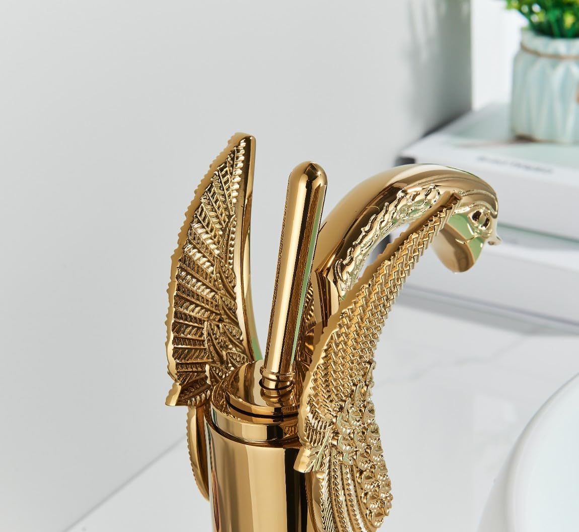 Ari Grifo de lavabo SWAN para lavabo, cuerpo de latón, válvula de cerámica, aireador integrado, montaje de un solo orificio, diseño cisne (dorado, alto)