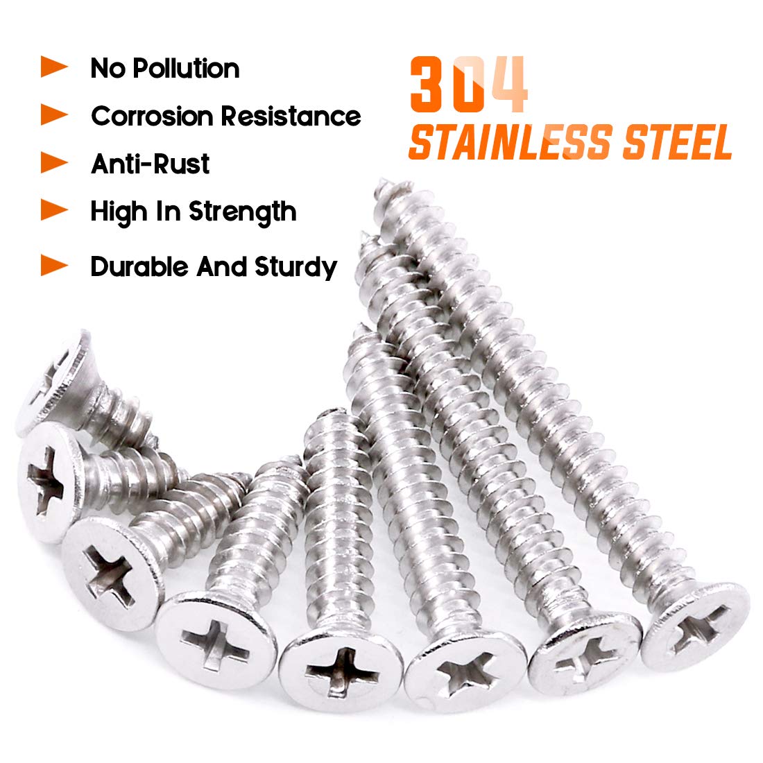 180Pcs [#8 3/8" to 1-1/2"] 304 Stainless Steel Flat Head Phillips Cross Wood Screws + 150Pcs #10 / M5 [10-45mm] 304 Stainless Steel Flat Head Phillips Cross Wood Screw Assortment Kit